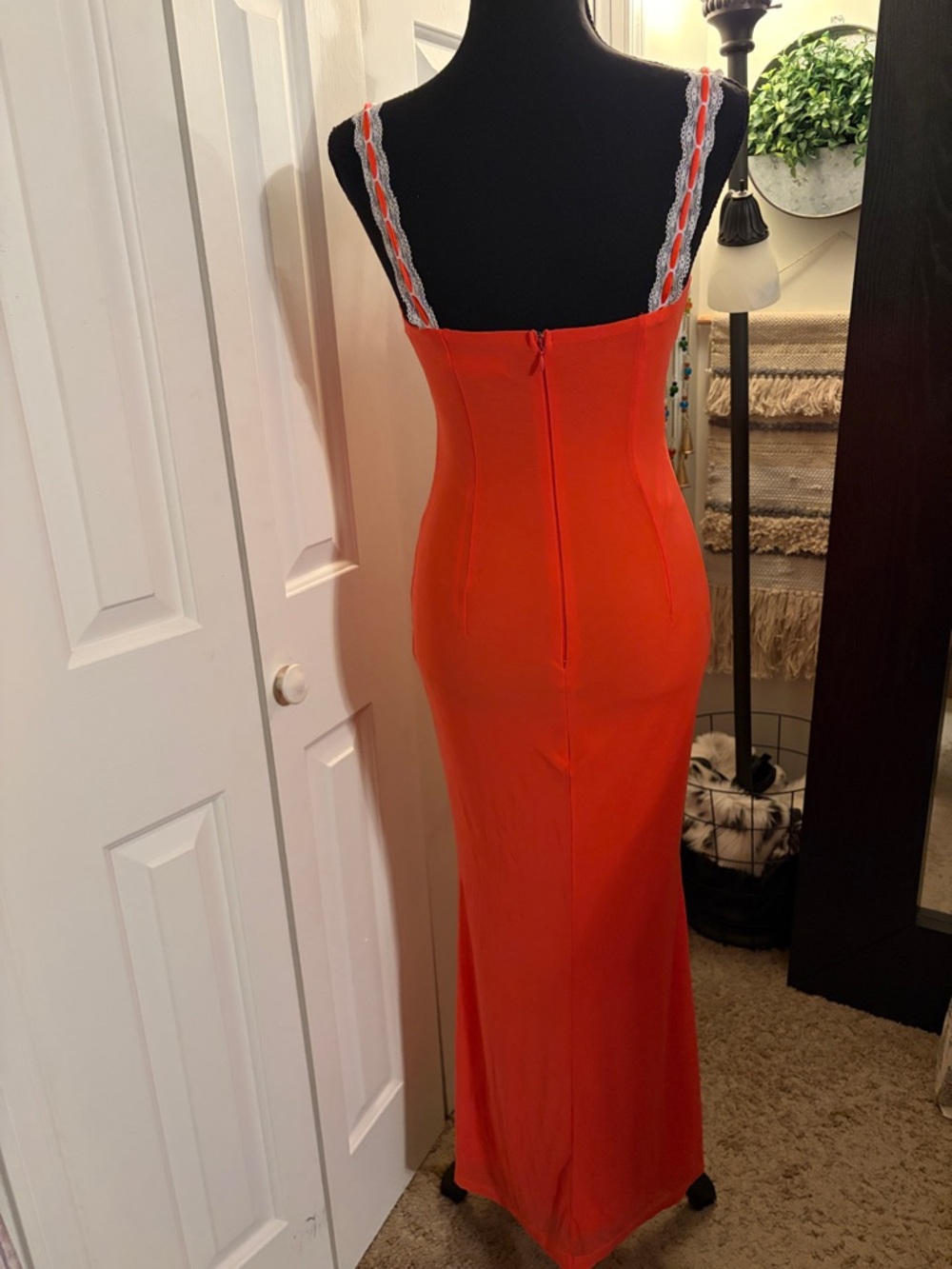 Saints + Secrets Red Orange Lace-Trim Maxi Dress with Sweetheart Bust - Picture 2 of 6